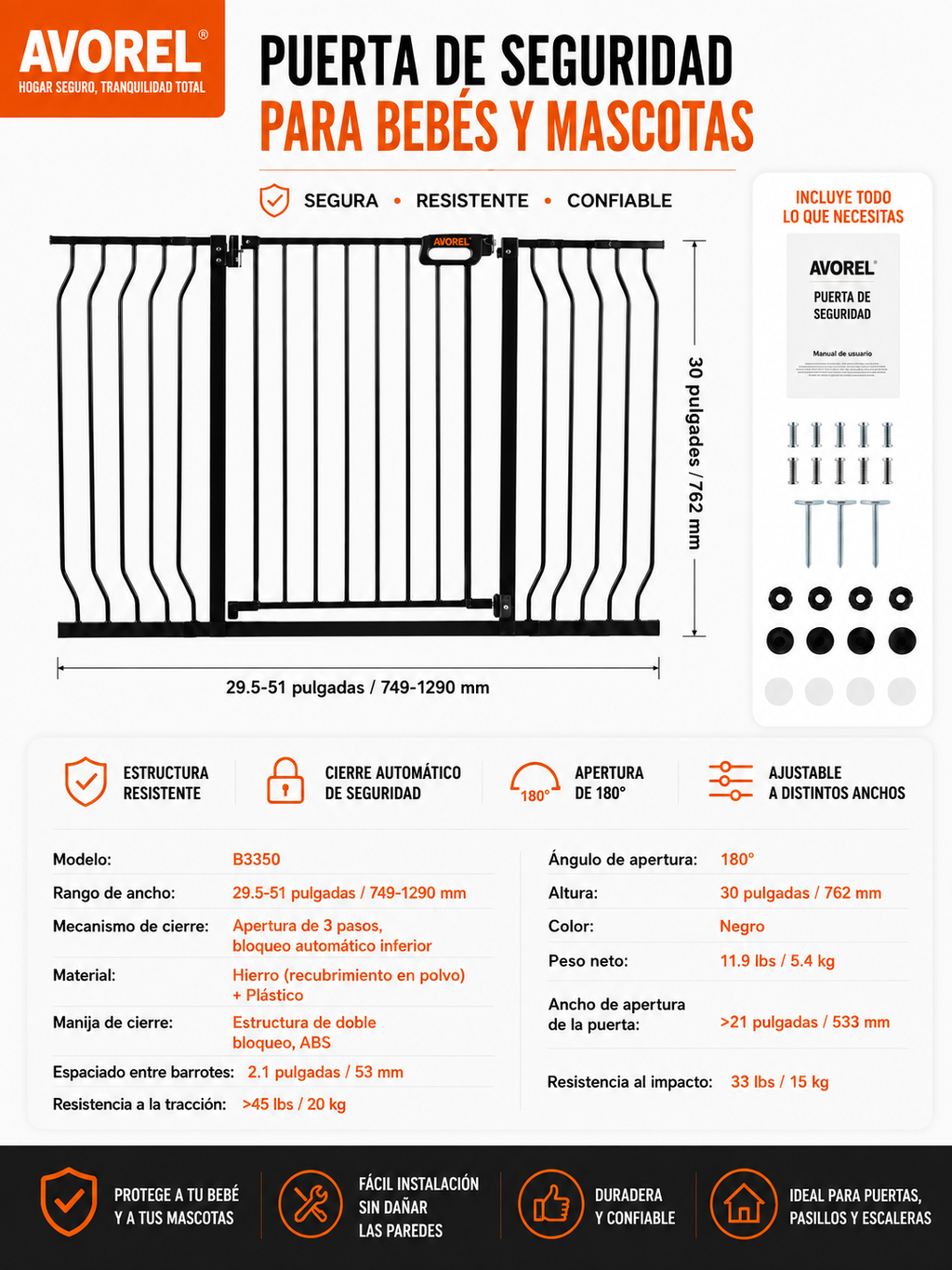 Barrera de seguridad para bebés y mascotas, 74,9cm-129,5cm de ancho extra, 76,2cm de alto, para escaleras