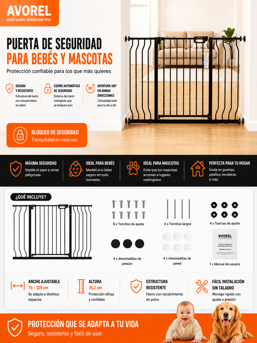 Barrera de seguridad para bebés y mascotas, 74,9cm-129,5cm de ancho extra, 76,2cm de alto, para escaleras