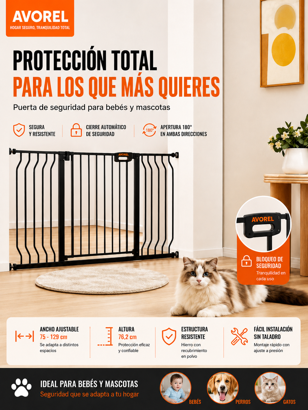 Barrera de seguridad para bebés y mascotas, 74,9cm-129,5cm de ancho extra, 76,2cm de alto, para escaleras