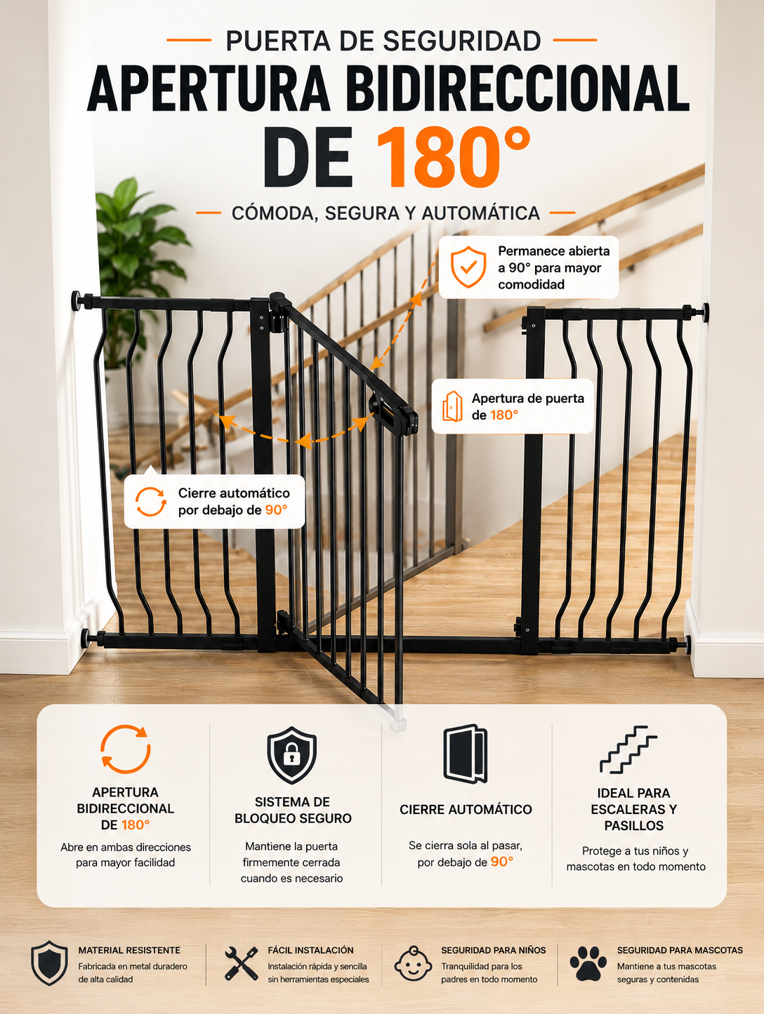 Barrera de seguridad para bebés y mascotas, 74,9cm-129,5cm de ancho extra, 76,2cm de alto, para escaleras
