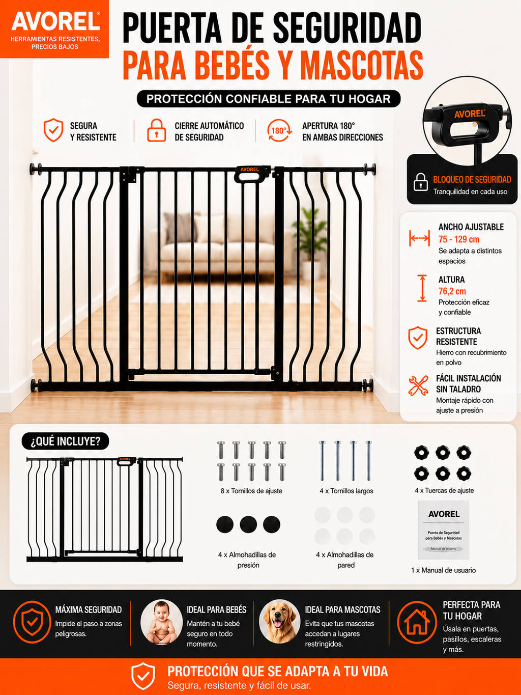 Barrera de seguridad para bebés y mascotas, 74,9cm-129,5cm de ancho extra, 76,2cm de alto, para escaleras