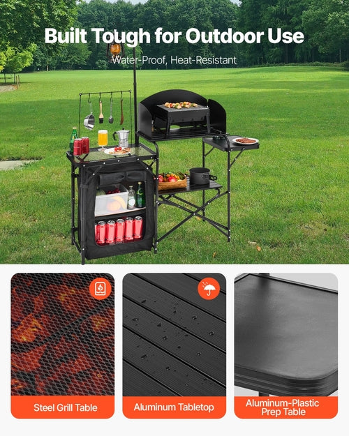 Mesa de cocina para camping, mesa exterior de aluminio con extras