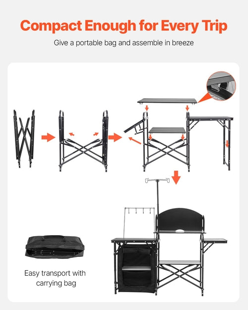 Mesa de cocina para camping, mesa exterior de aluminio con extras