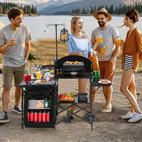 Mesa de cocina para camping, mesa exterior de aluminio con extras